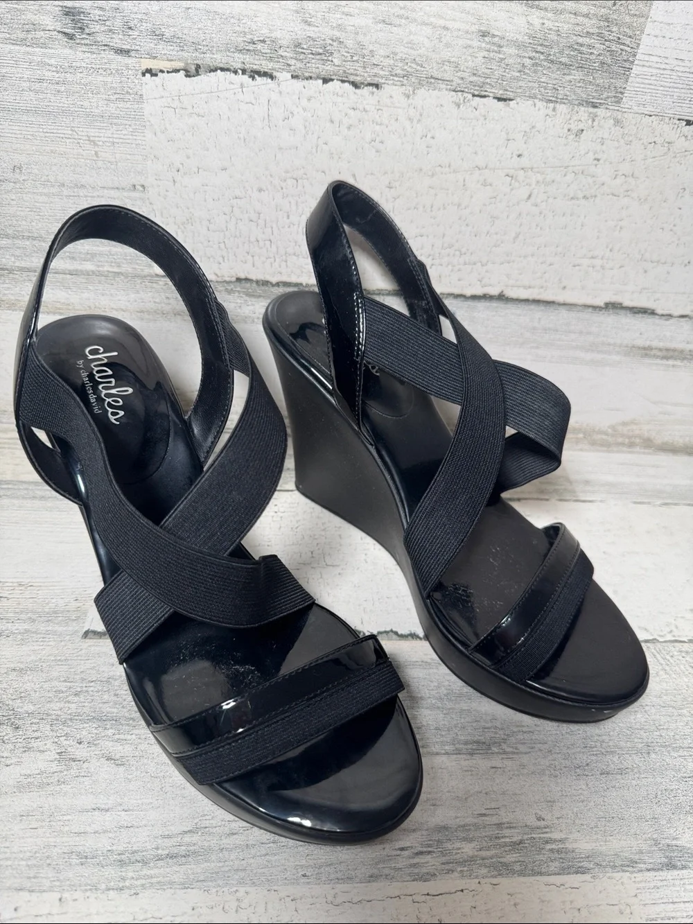 CHARLES DAVID Ferry Black 4”‎ Platform Stretch Elastic Strappy High Heel Sandals